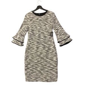Tacera Dress Marbled Tweed Pullover Black White Double Bell Sleeve